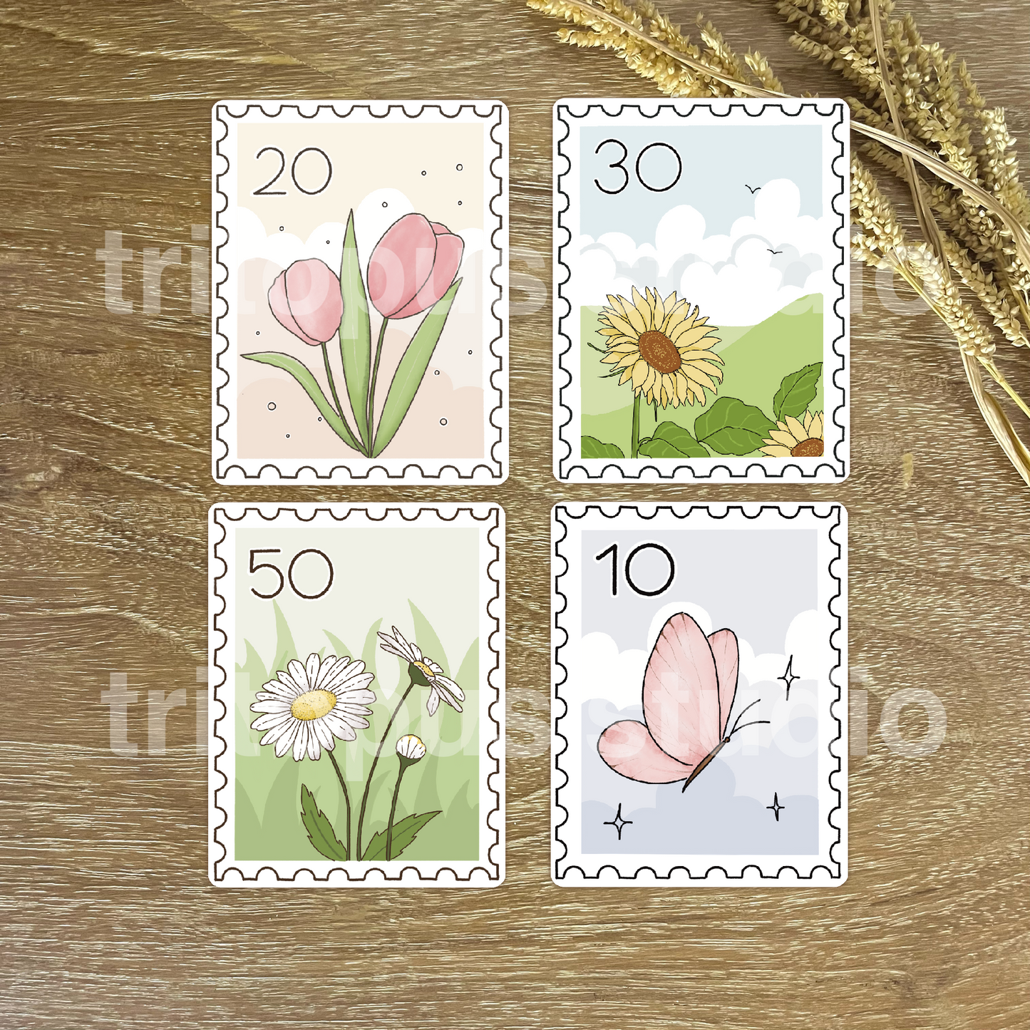 summer flowers - kawaii postage stamp sticker set