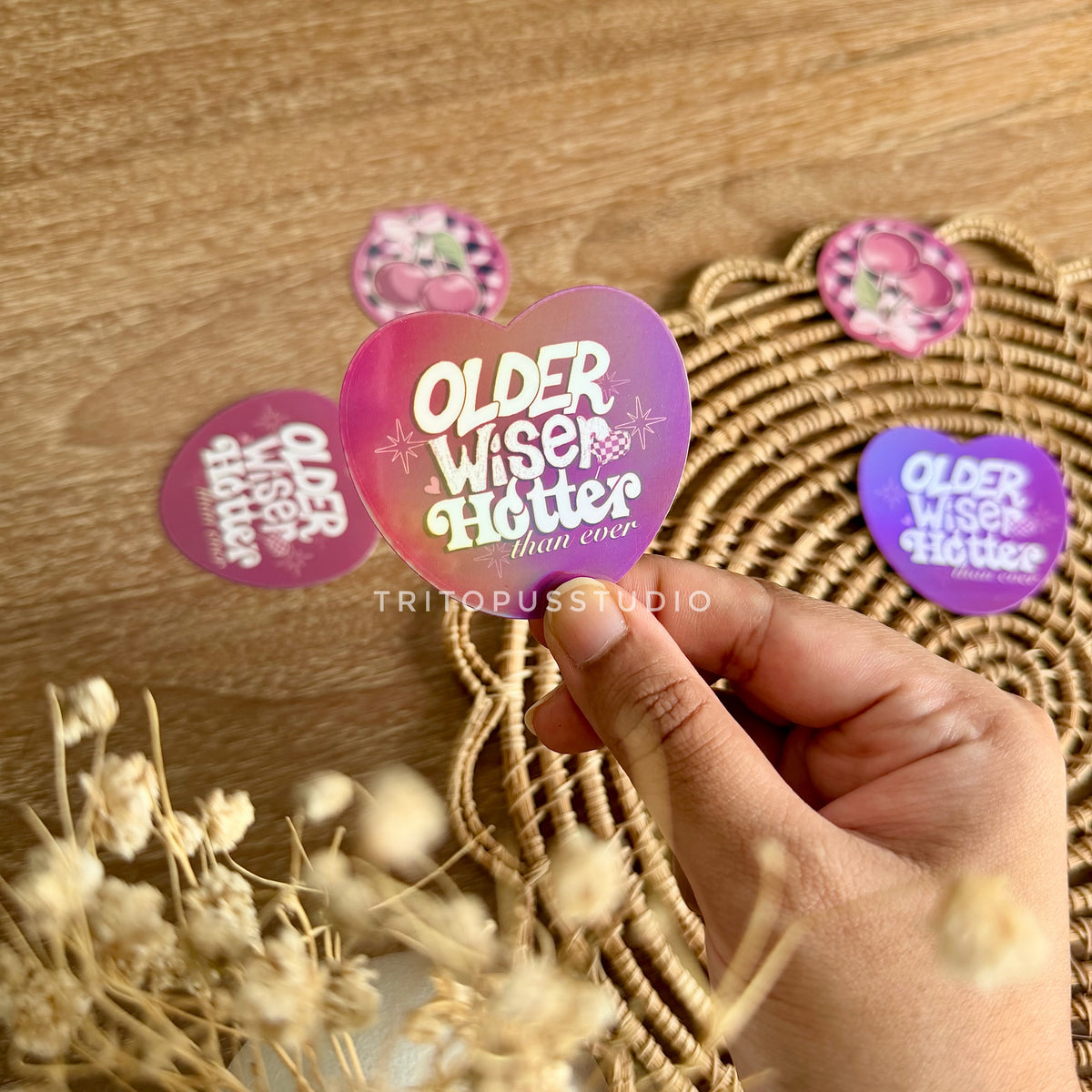 “older wiser hotter” holographic waterproof sticker flake