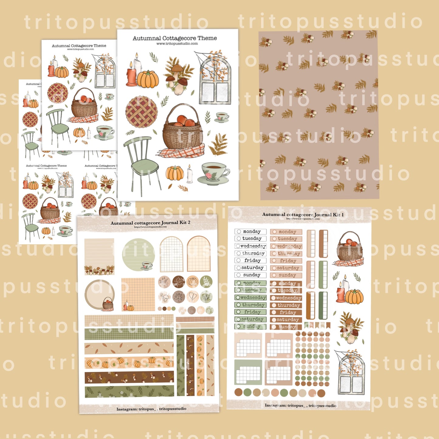 Autumnal cottagecore printable stickers, journal kit and wallpaper